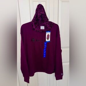 Champion Plum Hoodie with Leopard Accents Size L NEW